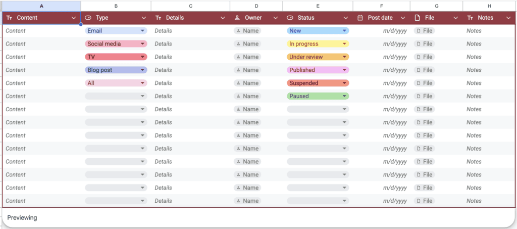 Google Sheets Table Templates - Content Tracker